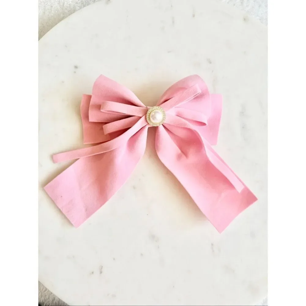 Blush Pink Statement Bow Hair Clip Pearl Center Feminine Coquette